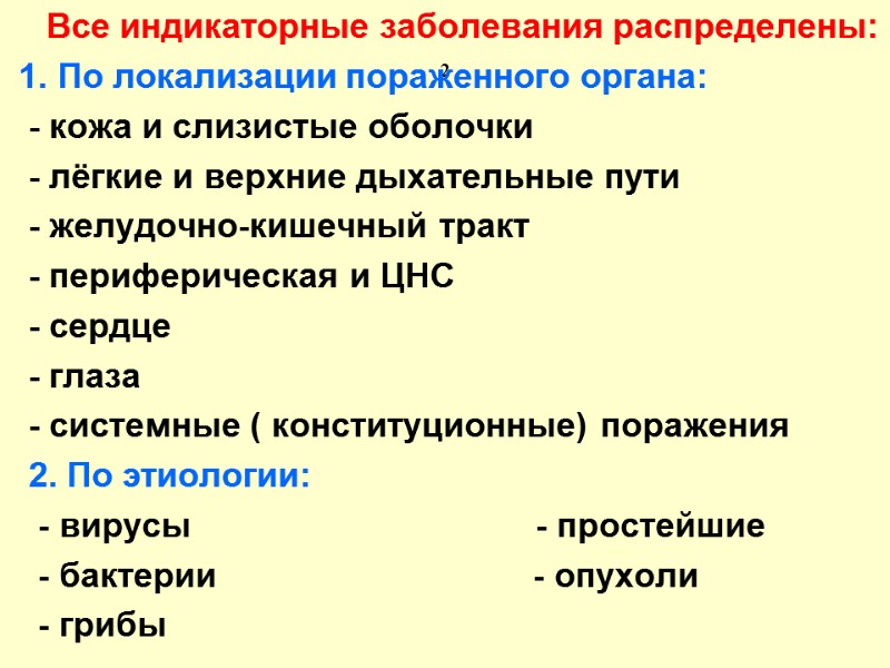 2      Все индикаторные заболевания распределены:  1. По локализации